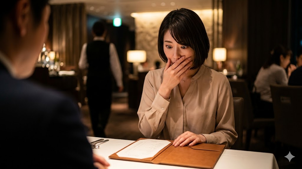 初めてのデートで、相手が指定した高級レストランで高額な請求書を見て驚愕する日本人女性。金銭被害への注意。