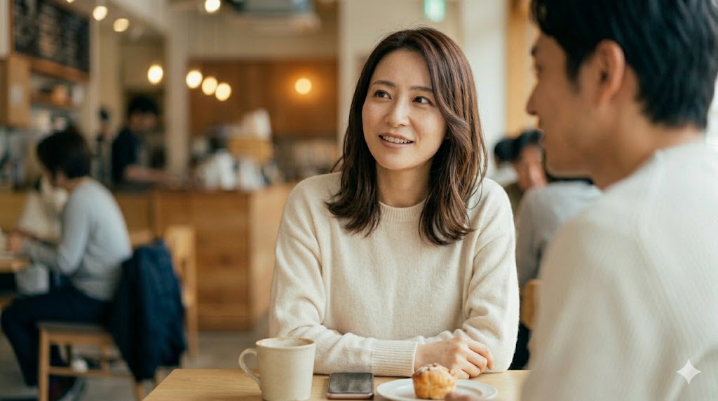 カフェでのデート中に、相手の経済力について自然な質問をする日本人女性。