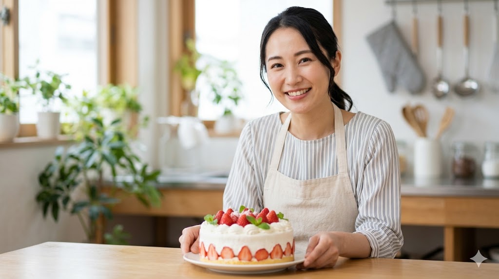 エプロン姿で手作りケーキを披露する笑顔の日本人女性。家庭的で癒される魅力をアピール。