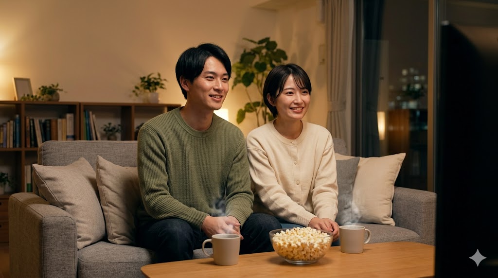 自宅のソファでリラックスしながら穏やかな時間を過ごす日本人の男女。インドア派のポジティブな出会いをイメージしたシーン。