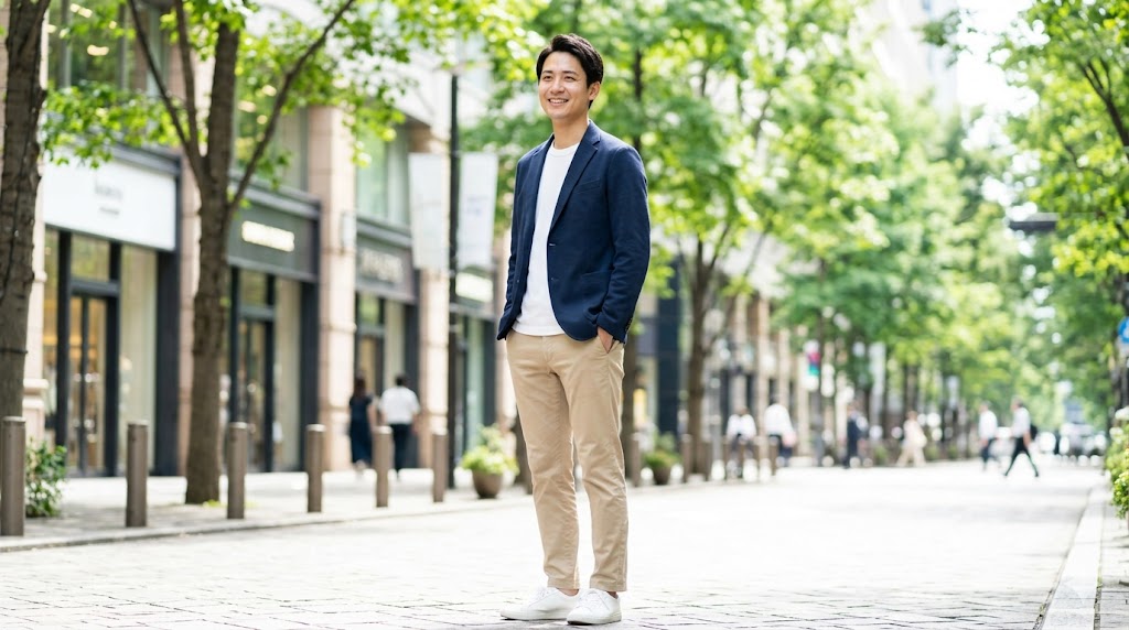 晴れた日の街角で、清潔感のあるカジュアルファッションに身を包んだ日本人男性の全身写真