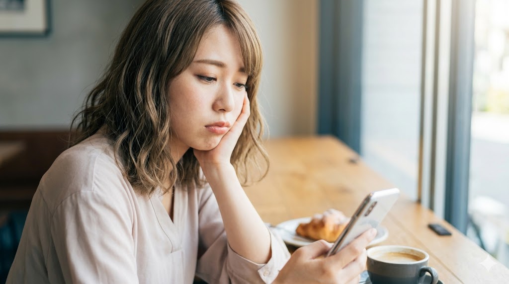 マッチングアプリで一生懸命メッセージを送る日本人女性と、素っ気ない態度で画面を眺める受け身な日本人男性の比較画