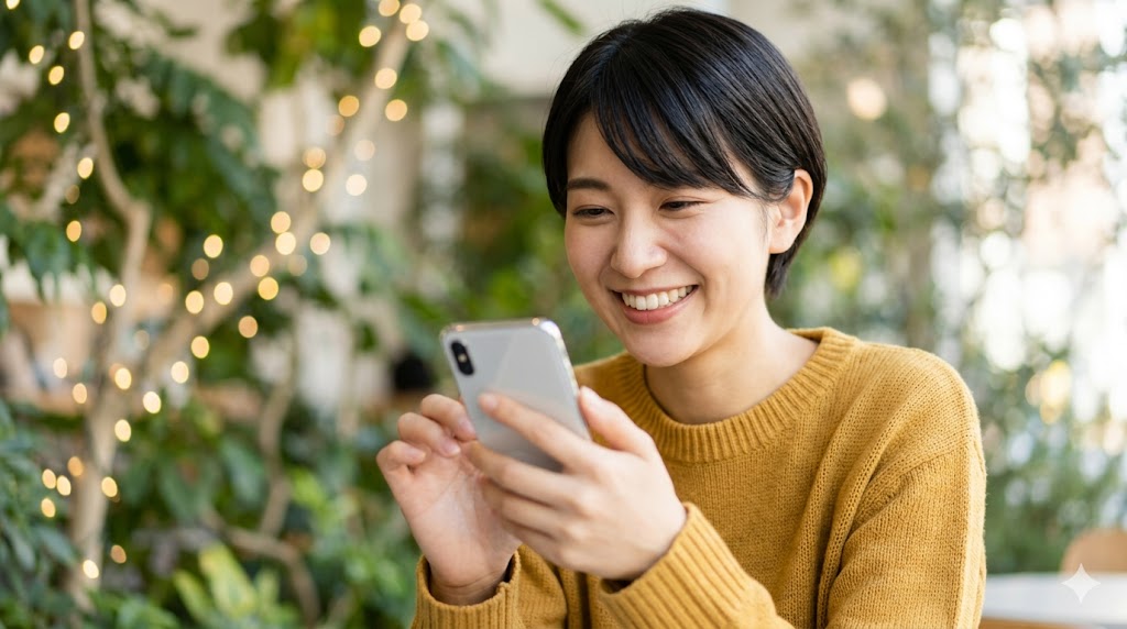 マッチングアプリでマッチした直後、カフェで嬉しそうにスマートフォンを見つめる笑顔の日本人女性。最初のメッセージの話題探しに期待が膨らむ瞬間。