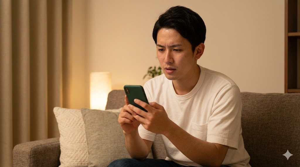 マッチングアプリのメッセージに悩み、スマホを見て少し疲れた表情の日本人男性