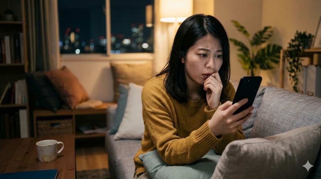 マッチングアプリで返信を待ちながらスマホの通知を気にする不安そうな日本人女性