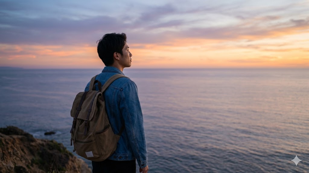 夕暮れの海岸の丘に一人で立ち、静かに海を見つめる日本人男性。孤独を楽しむ充実した生き方を表現。