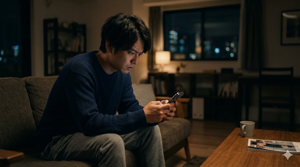 夜の部屋でマッチングアプリの返信が来ないことに悩み、不安そうな表情でスマートフォンを見つめる日本人男性
