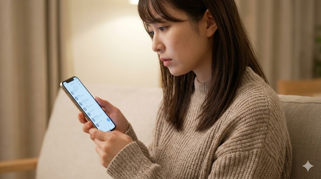 マッチングアプリに届いた大量のアプローチを確認し、少し圧倒されている様子の日本人女性