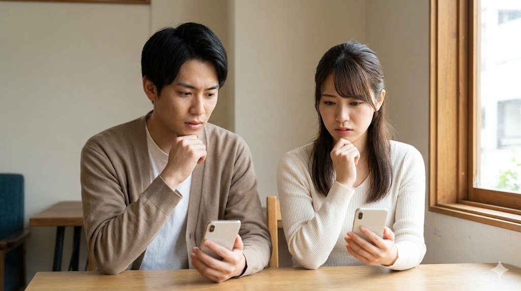 マッチングアプリを見ながら、デートに誘うタイミングやメッセージの例文に悩む若い日本人の男女。