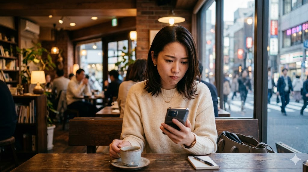 スマートフォンの画面を少し警戒しながら見つめる、落ち着いた雰囲気の日本人女性。