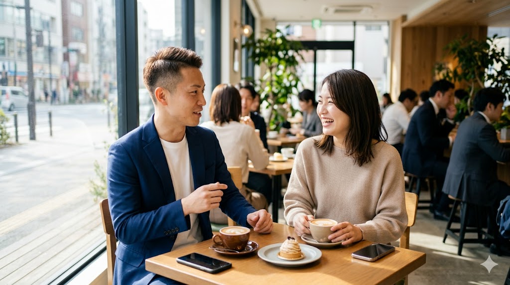 マッチングアプリで出会った日本人カップルが、明るい日中のカフェでリラックスして会話を楽しむ様子。自然光が差し込み、安全で誠実な雰囲気が伝わる。