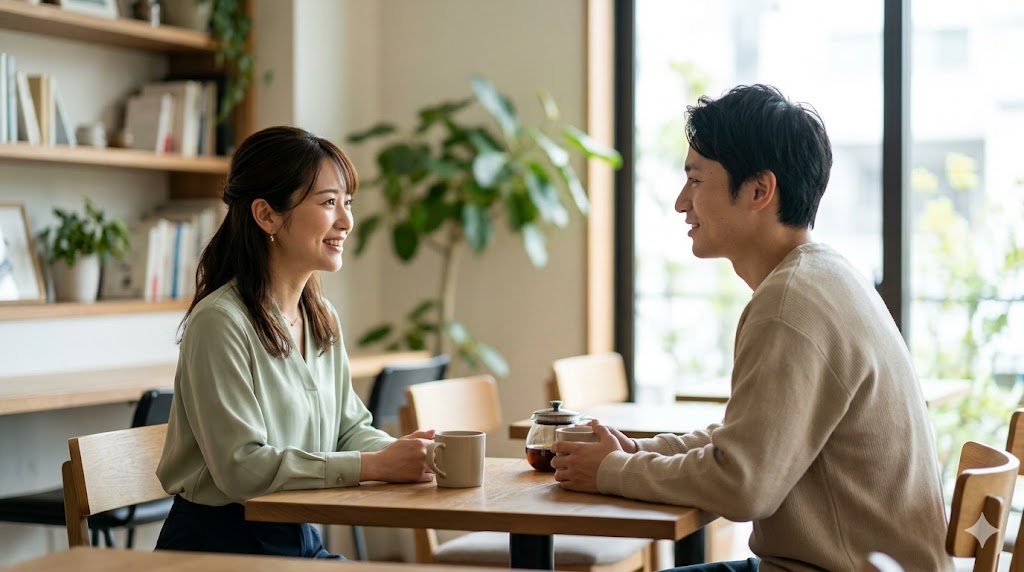 初デートのカフェでリラックスして笑顔で会話を楽しむ日本人の男女