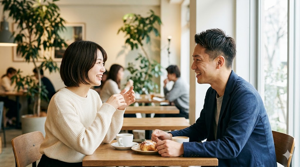 マッチングアプリで出会った2回目のデートを楽しむ、笑顔で会話する日本人カップル