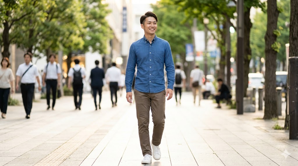 マッチングアプリのサブ写真に必須な、清潔感のある服装で自然な笑顔の日本人男性の全身他撮り写真。