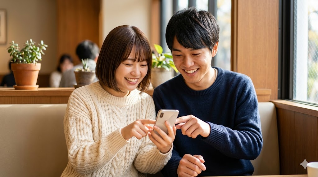 マッチングアプリを通じてお付き合いが始まった、幸せそうな日本人カップル（前作 image_16.png の男性を含む）が、カフェで一緒に1つのスマートフォンの画面を眺めて笑顔を浮かべている。彼らは退会手続きの完了を確認しており、安心感と絆を感じる瞬間。暖かな木目調の店内と自然光が統一感を保っている。