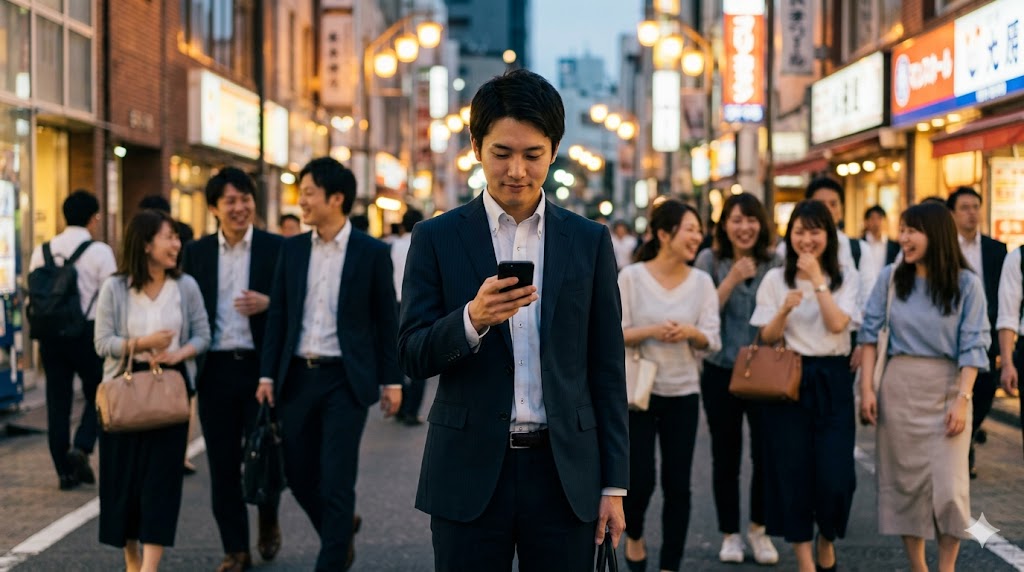 東京の夕暮れ時、人混みの中で一人スマートフォンを見つめる日本人男性社員。孤独と実態を表現。