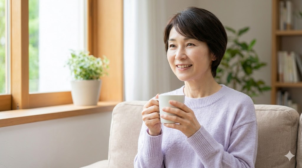 明るい光が差し込むリビングで、穏やかな表情でコーヒーを手にリラックスする50代の日本人女性。