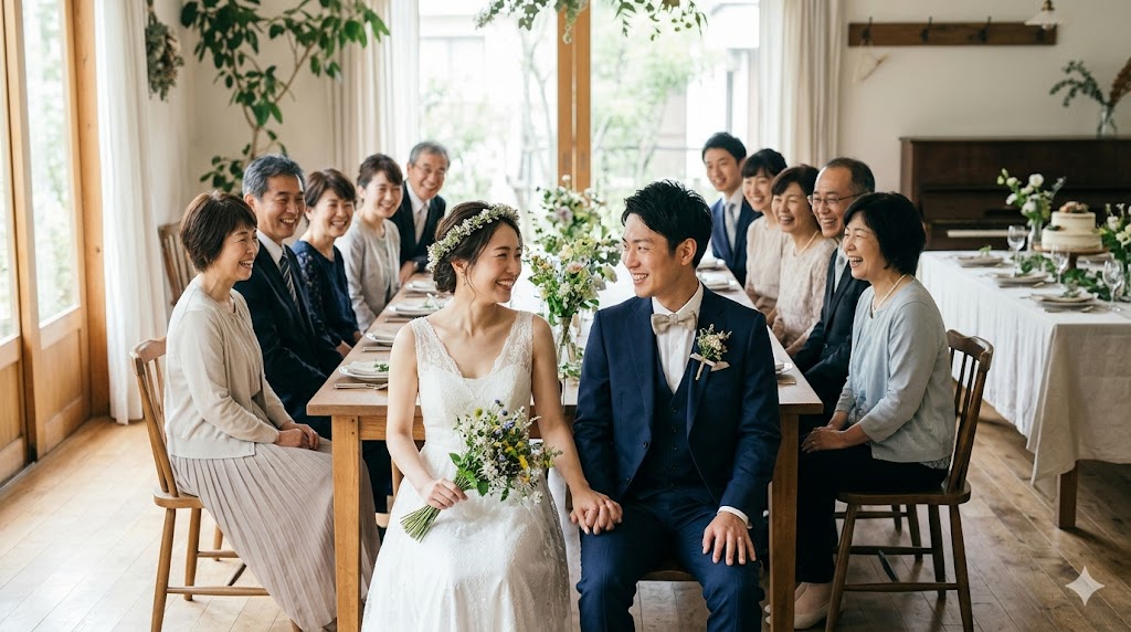 少人数の家族婚で穏やかに愛を誓い合う日本人の新郎新婦と、温かく見守る親族の様子