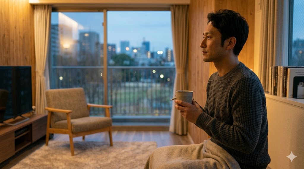 夜の静かなリビングで一人、コーヒーを手に物思いにふける落ち着いた雰囲気の日本人男性。一人の時間を豊かに過ごす様子。
