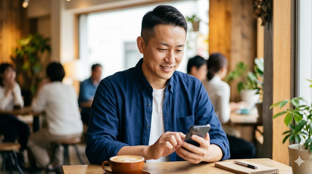 カフェで優しく微笑みながらスマートフォンでマッチングアプリの自己紹介文を作成する日本人男性。誠実さと親しみやすさを表現。