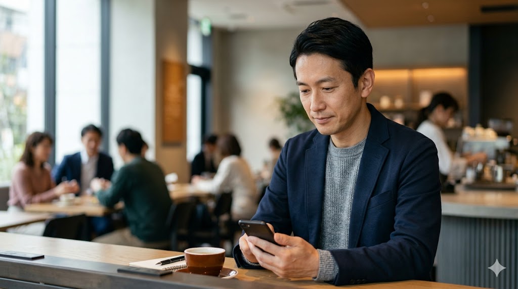 カフェで一人スマートフォンの画面を見つめる、落ち着いた雰囲気の日本人男性。友達がいない男性の実態と特徴について考えるイメージ。
