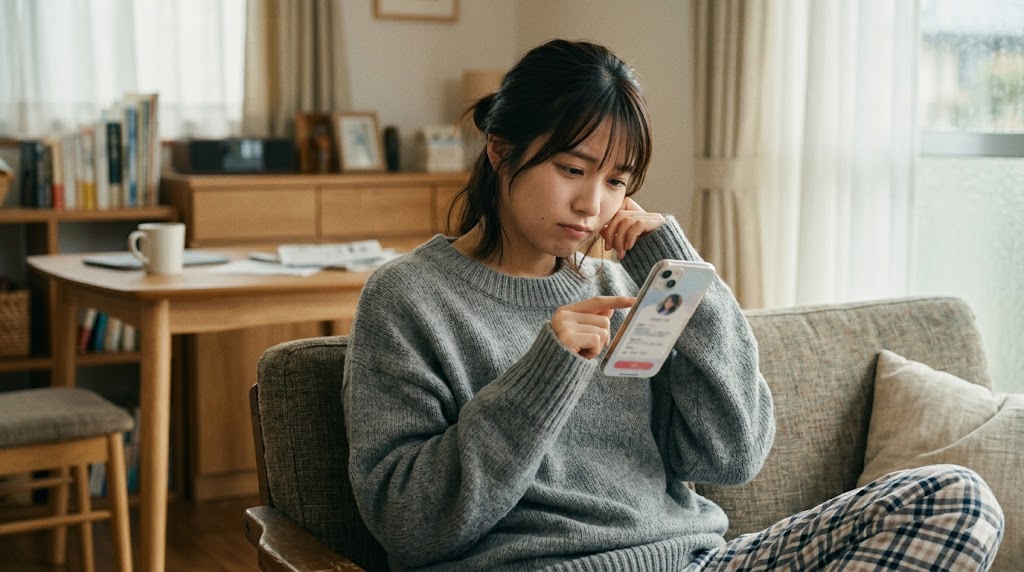 気になる相手にいいねを押すか迷い、何度も足跡をつけてしまう女性の手元