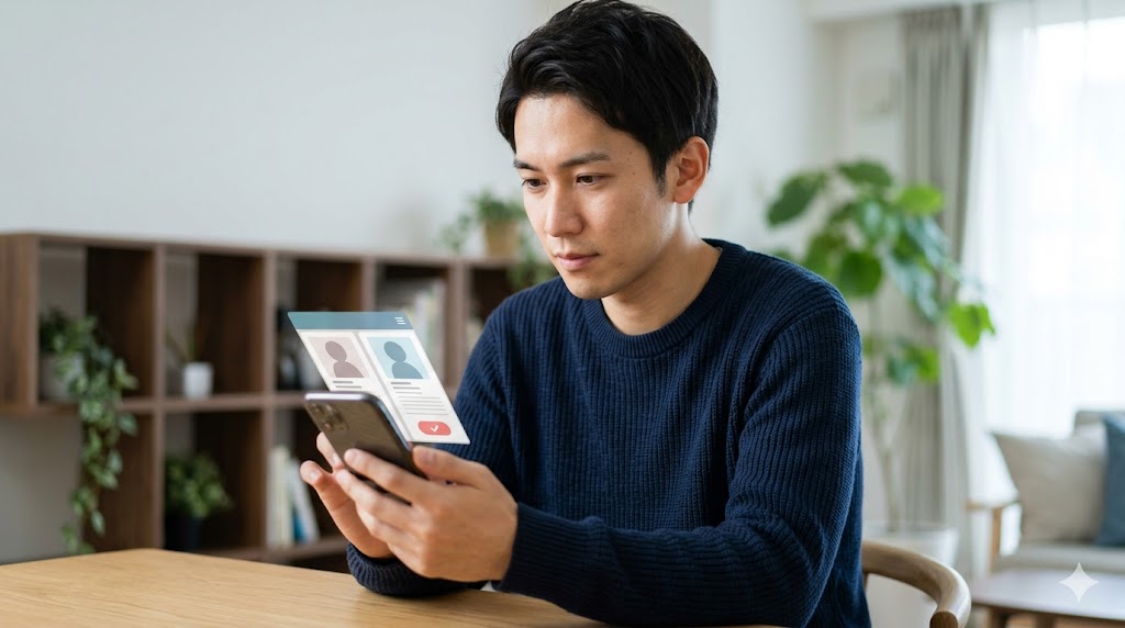 マッチングアプリの画面を、期待と警戒が入り混じった表情で見つめる日本人男性。安全な出会いへの第一歩。