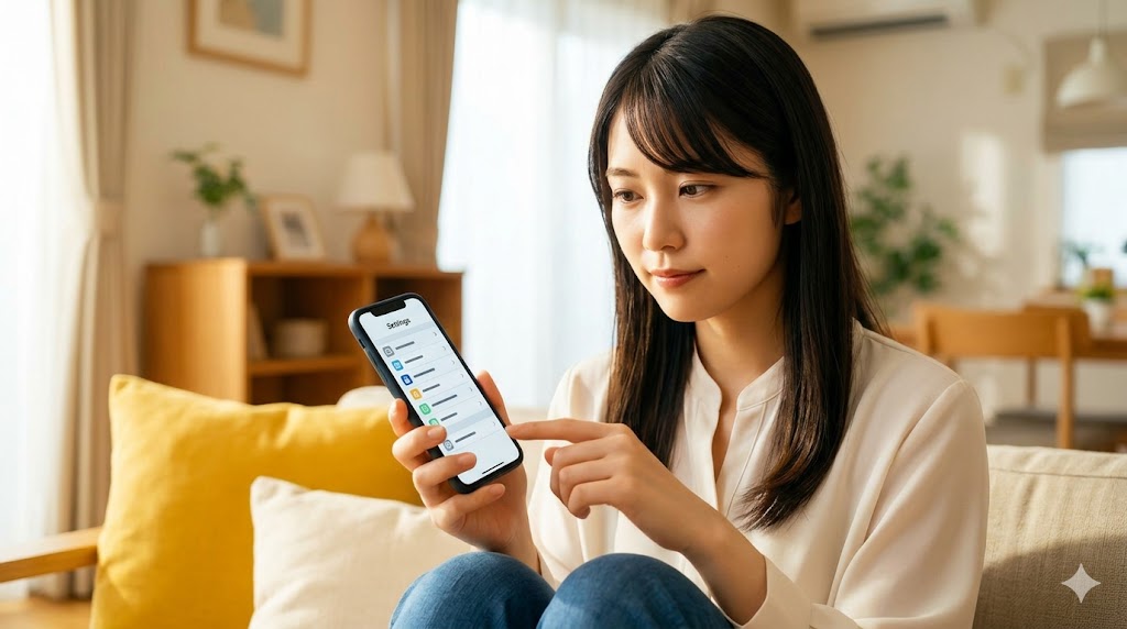 マッチングアプリの身バレ対策設定を、自宅の明るいリビングで真剣かつ自信を持って操作する日本人女性の様子。スマホ画面には設定メニューのアイコンが表示されている。