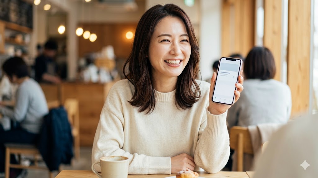 カフェでくつろぎながら、マッチングアプリのプロフィール画面（年収項目付近）を見せる日本人女性。