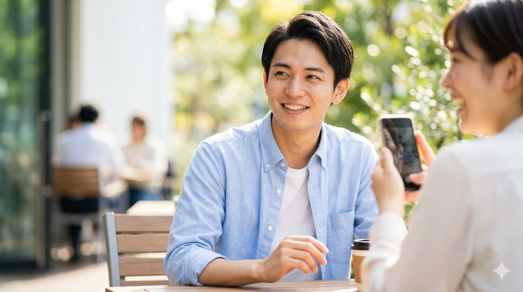 明るいカフェで自然な笑顔を見せる清潔感のある日本人男性の他撮り写真