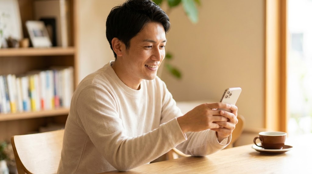 カフェでスマートフォンを手に取り、マッチングアプリのプロフィール作成について考えている笑顔の日本人男性。温かい雰囲気。
