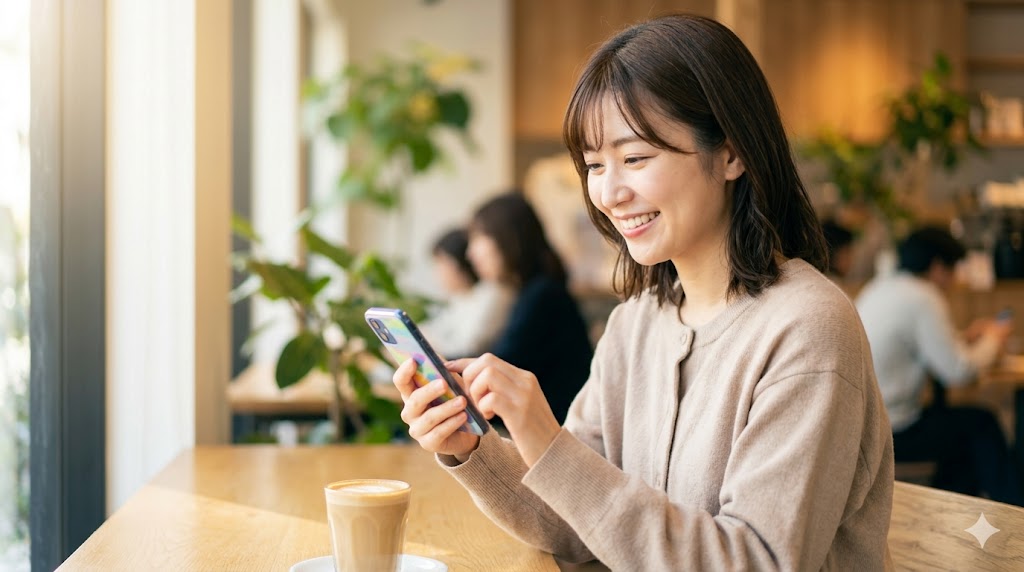 明るいカフェでスマートフォンを使い、笑顔でマッチングアプリのプロフィール作成に取り組む20代の日本人女性。