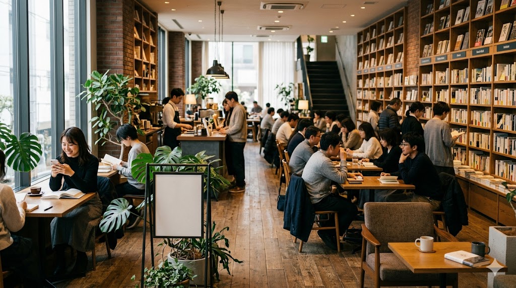 マッチングアプリをカフェで楽しく利用する日本人男性のイメージ画像。清潔感のある服装と自然な笑顔で、ポジティブな出会いを連想させる。