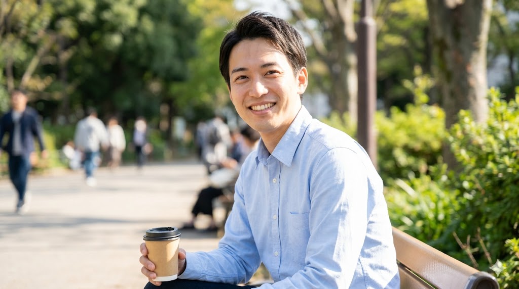 公園の自然光の下で、爽やかな笑顔を見せる日本人男性の他撮り風プロフィール写真