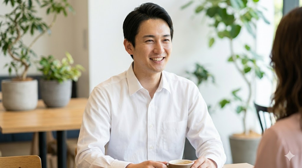 清潔感のある短髪と白シャツ姿で、自然な笑顔を浮かべる日本人男性。マッチングアプリで女性に安心感を与える写真の例。