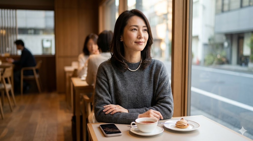洗練されたカフェでリラックスした表情を浮かべ、余裕と上品さを感じさせる40代の日本人女性。大人の婚活プロフィールに最適な、好印象なポートレート。