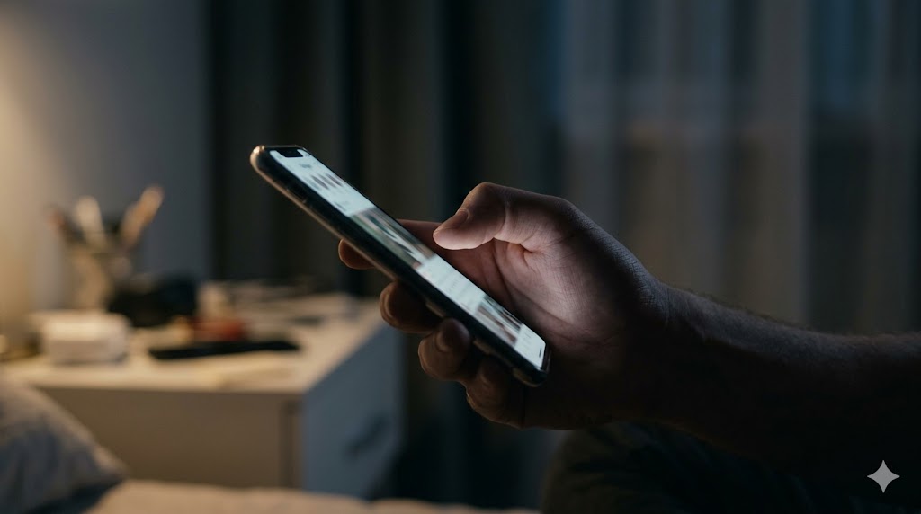 暗い部屋でスマートフォンを操作する様子。SNS交換に潜む業者や詐欺への警戒をイメージ。