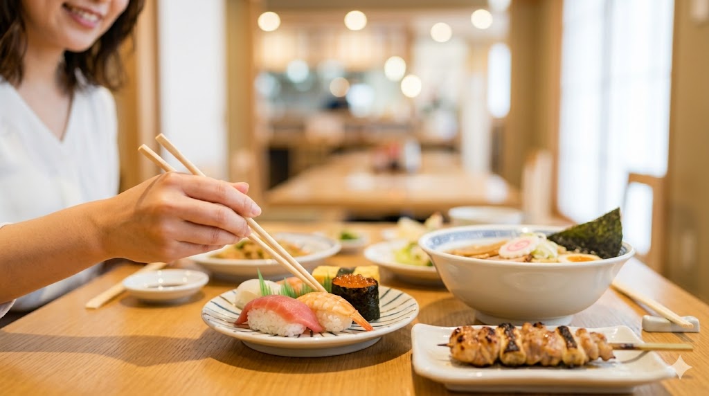 マッチングアプリの会話で盛り上がる、美味しそうな和食（寿司、ラーメン、焼き鳥）の数々と、食事を楽しむ日本の女性の手元。