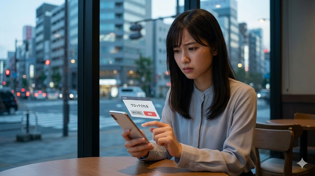 不快な相手とのやり取りを断ち切り、スマートフォンの操作で自分自身の安全とプライバシーを守る日本人女性