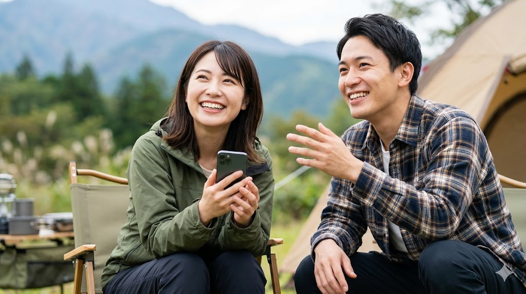 キャンプの趣味を通じてマッチングアプリで意気投合し、自然の中で楽しそうに会話する日本人カップル。共通の趣味が会話を盛り上げ、デートに繋がる様子。