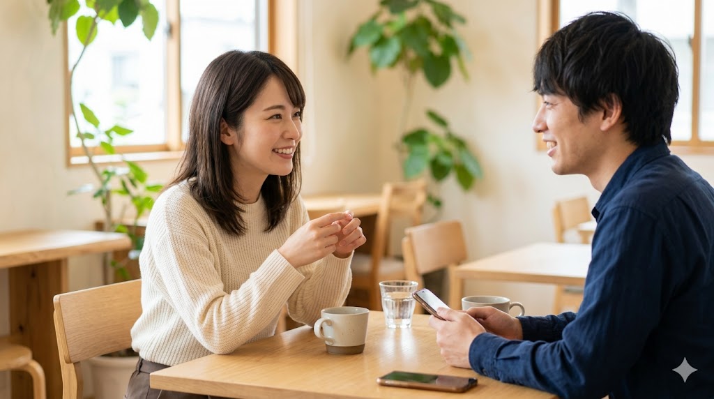 カフェで日本人男性の趣味の話に興味津々で耳を傾け、質問をする日本人女性