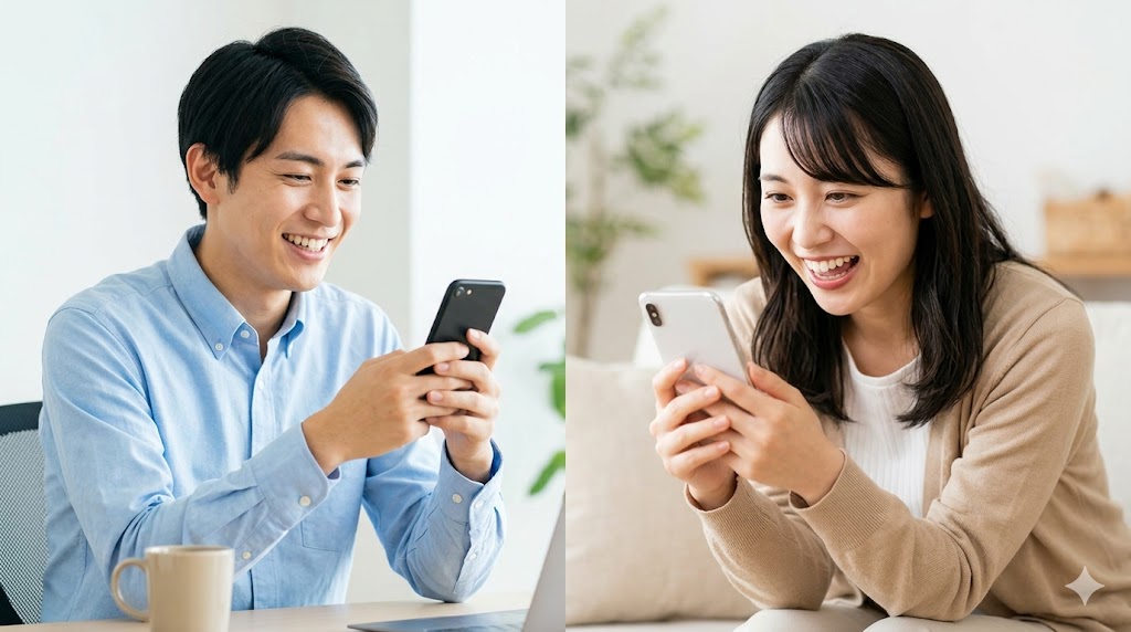 マッチングアプリで好意的な相手に素早く返信をする、明るい表情の日本人女性。