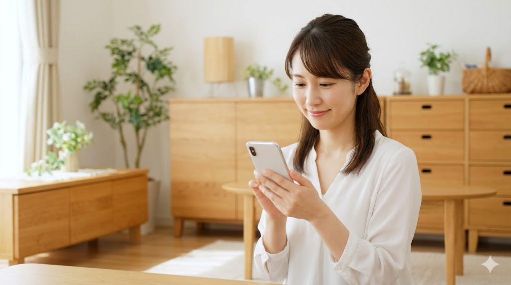 日当たりの良いリビングで、嬉しそうにマッチングアプリの長文メッセージを入力する日本人女性