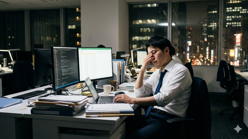オフィスで夜遅くまでデスクワークに集中し、疲れた表情を見せる日本人男性ビジネスパーソン