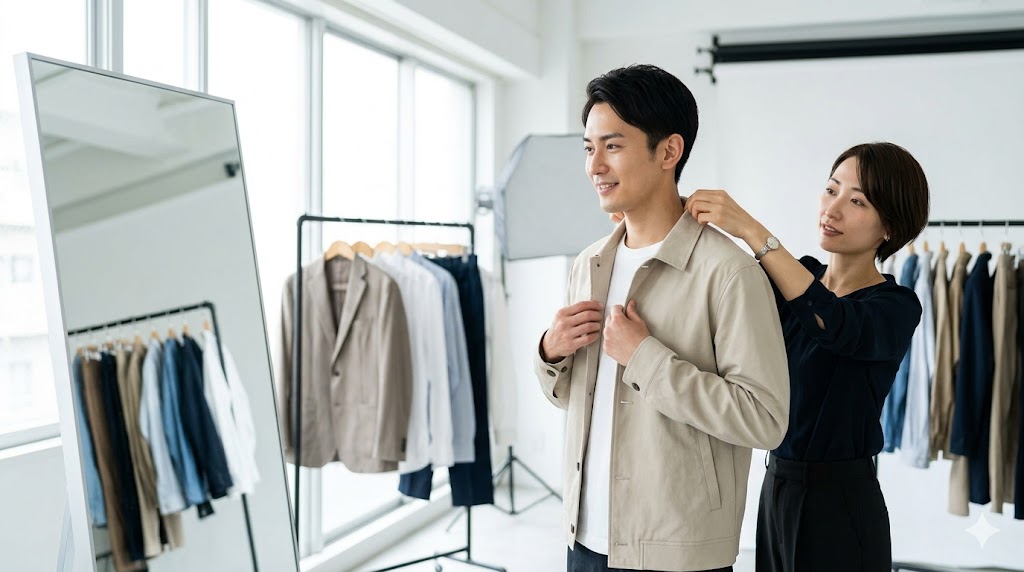 プロのスタイリストに服装のコーディネートを相談し、撮影の準備を整える日本人男性
