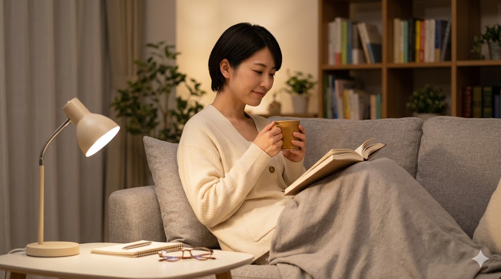一人の時間を愛する日本の女性：ソファーで読書に没頭し、心地よい孤独を楽しむ内向型の様子