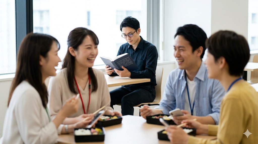 賑やかなオフィスのランチタイム。手前で同僚たちが談笑する中、奥の窓辺で一人、難解な専門書を読みふける知的な日本人男性。知的好奇心の方向性の違いによる孤独を表現。