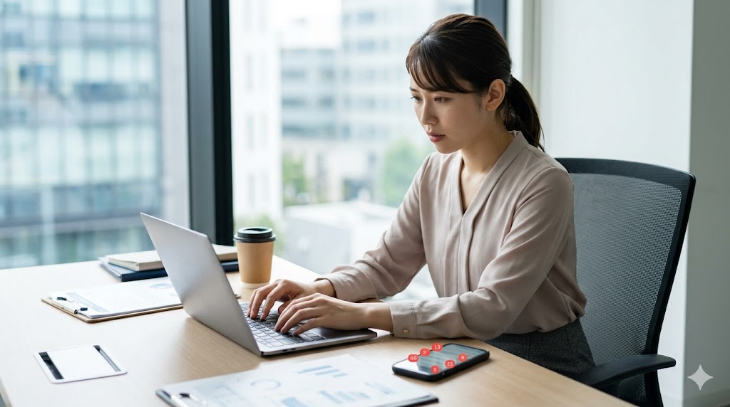仕事が忙しく、スマートフォンに届く大量の通知やメッセージを確認しきれない日本人女性のオフィスシーン