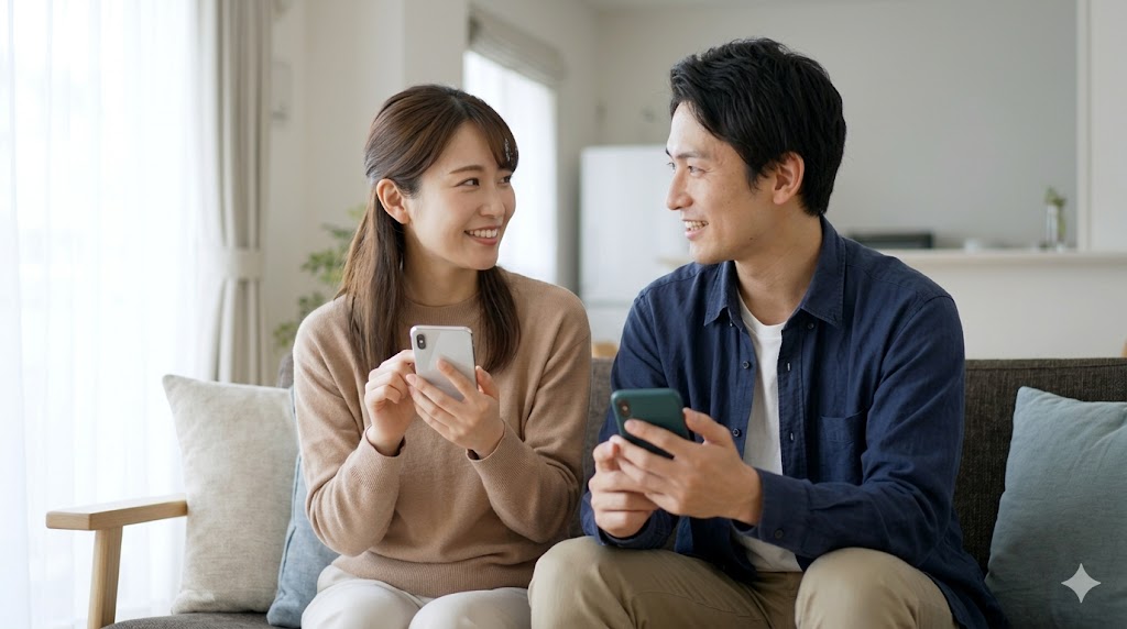マッチングアプリで繋がった後、リラックスした雰囲気でスマートフォンを見せ合いながら笑顔で会話する日本人カップル。脈なしではない可能性を示す。