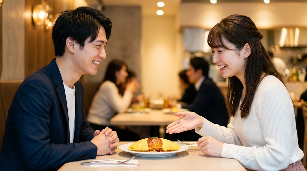 マッチングアプリで話題になった美味しいオムライスを前に、笑顔で食事を楽しむ日本人の男女。